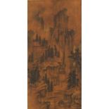 Chinese wall hanging scroll decorated with figures before mountains, 80cm x 30cm wide