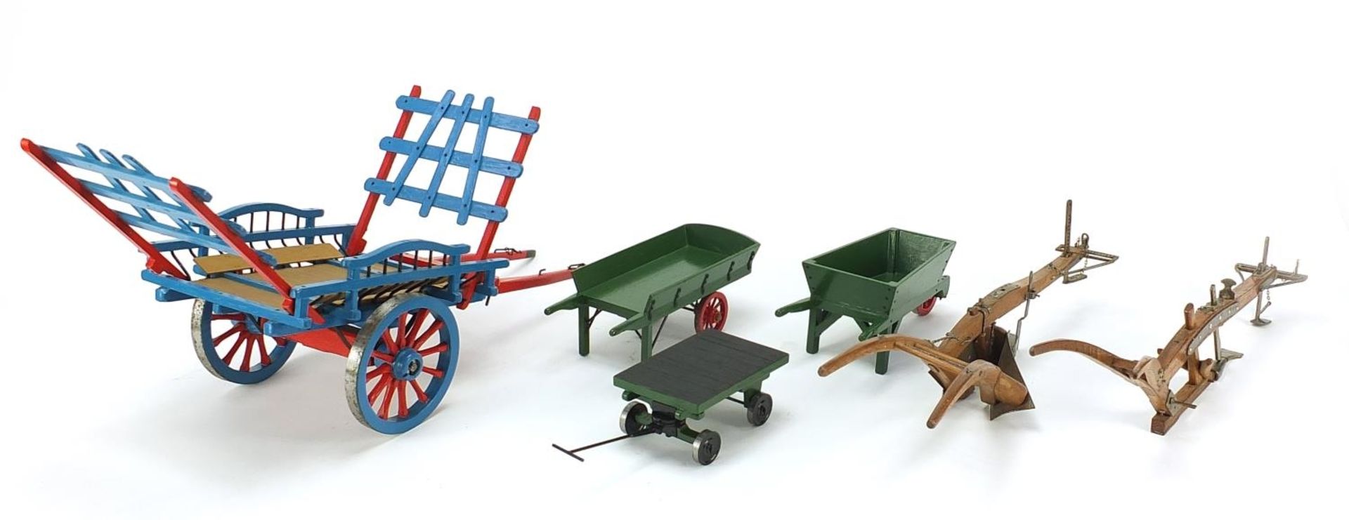 Scratch built metal and wood models of carts, wheelbarrows and ploughing implements, the largest - Image 3 of 3