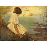 Seated girl beside water, oil on canvas, indistinctly signed, possibly R ...ter?, mounted and