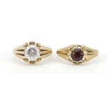 9ct gold cubic zirconia solitaire ring and a 9ct gold garnet solitaire ring, sizes N and R, 8.3g