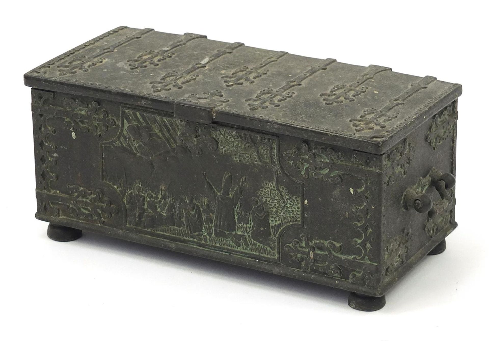 Antique style Danish iron art casket with twin handles, 9cm H x 20cm W x 10cm D