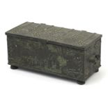 Antique style Danish iron art casket with twin handles, 9cm H x 20cm W x 10cm D