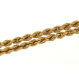 Unmarked gold rope twist necklace, (test as 9ct gold) no clasp, 48cm in length, 13.5g