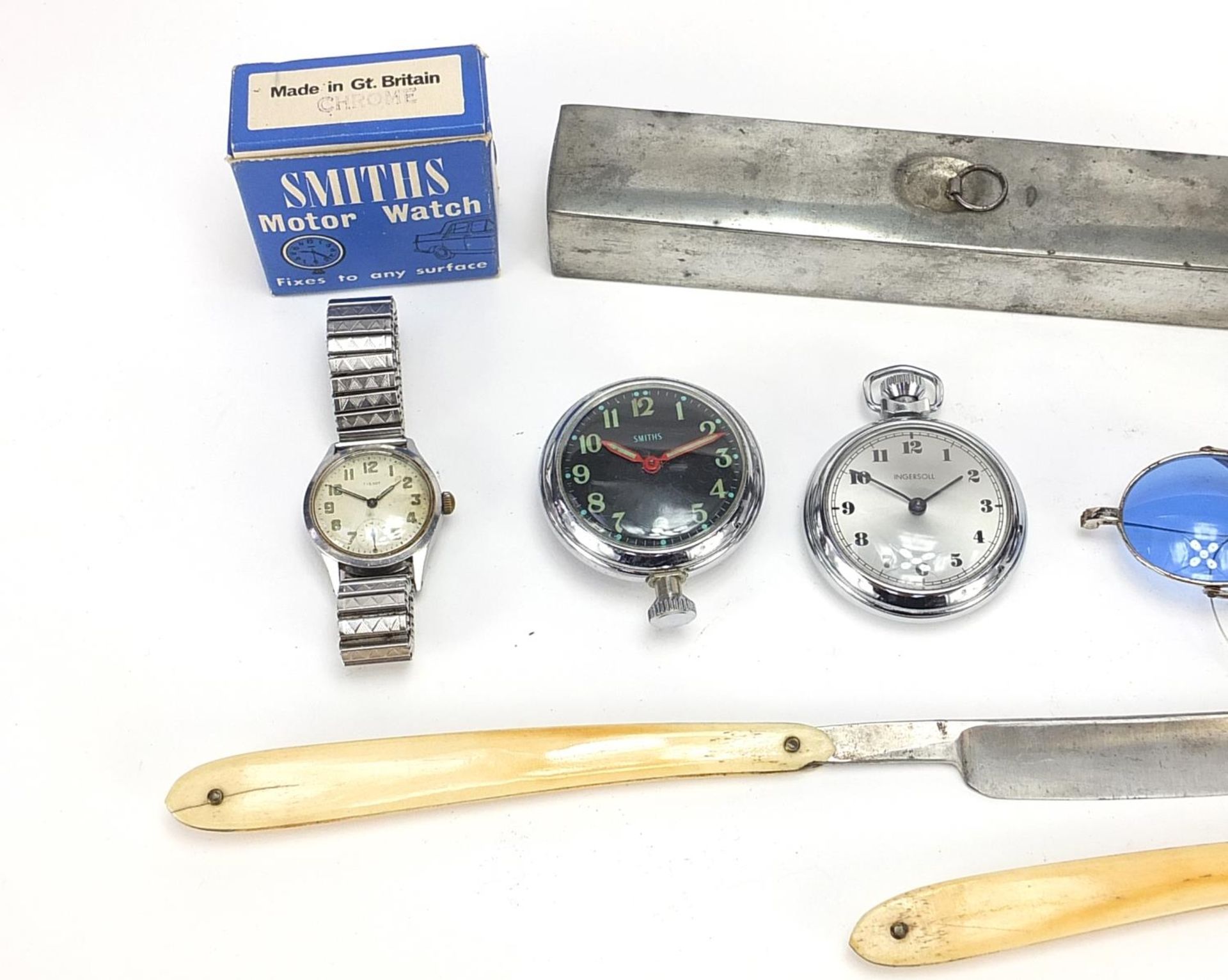 Objects to include two bone handled cut throat razors, Tissot wristwatch, Ingersoll pocket watch and - Image 2 of 5