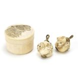 Japanese ivory circular box and cover and a pair of carved mice group buttons, the box 3.5cm in