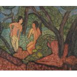 Two figures beside water, Middle Eastern school oil on canvas, bearing an indistinct signature,