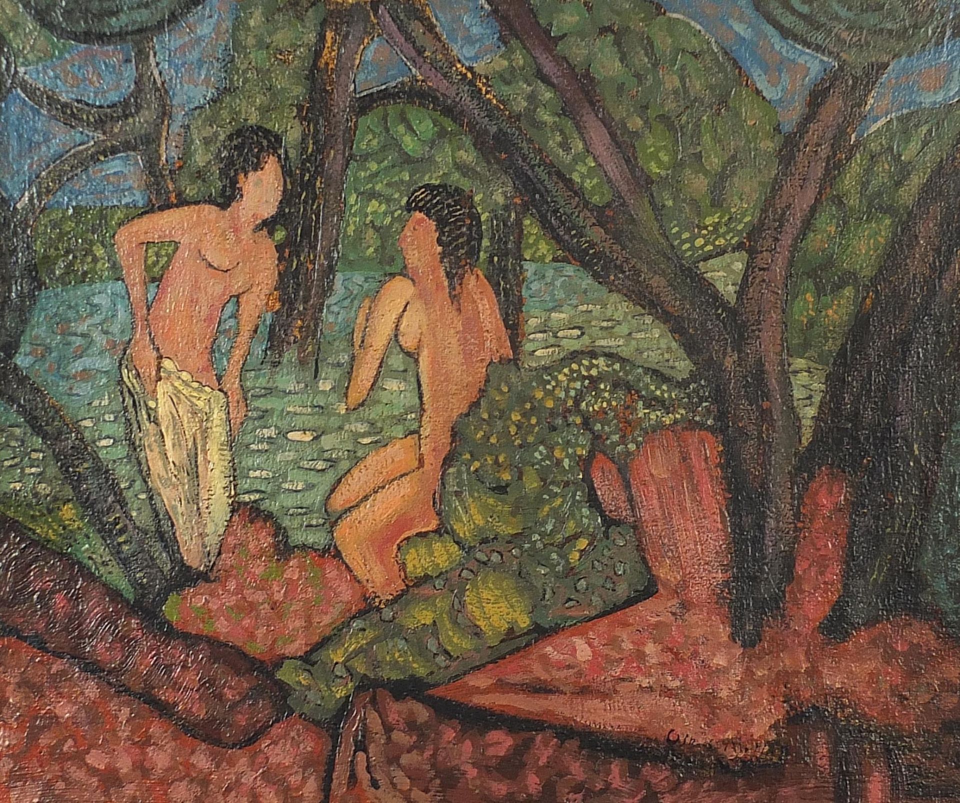 Two figures beside water, Middle Eastern school oil on canvas, bearing an indistinct signature,