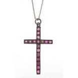 White metal purple stone cross pendant on a 9ct white gold necklace, 4.5cm high and 50cm in