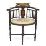 Victorian mahogany corner chair inlaid with musical instruments, needlepoint seat, 73cm high