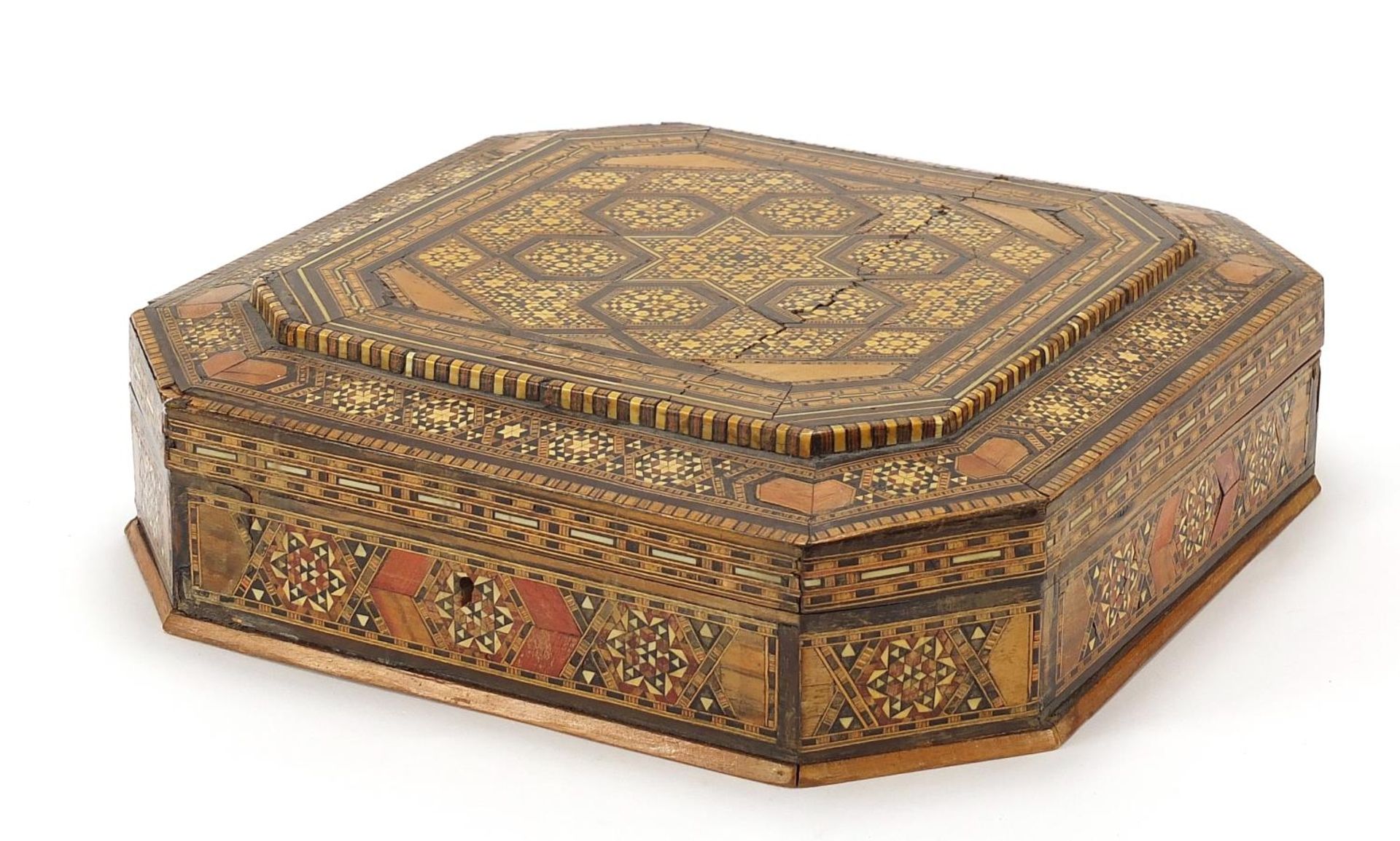 Syrian Moorish design casket with floral inlay, 8.5cm H x 28.5cm W x 29.5cm D