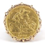 Edward VII 1906 gold half sovereign with 9ct gold ring mount, size S, 9.7g - this lot is sold