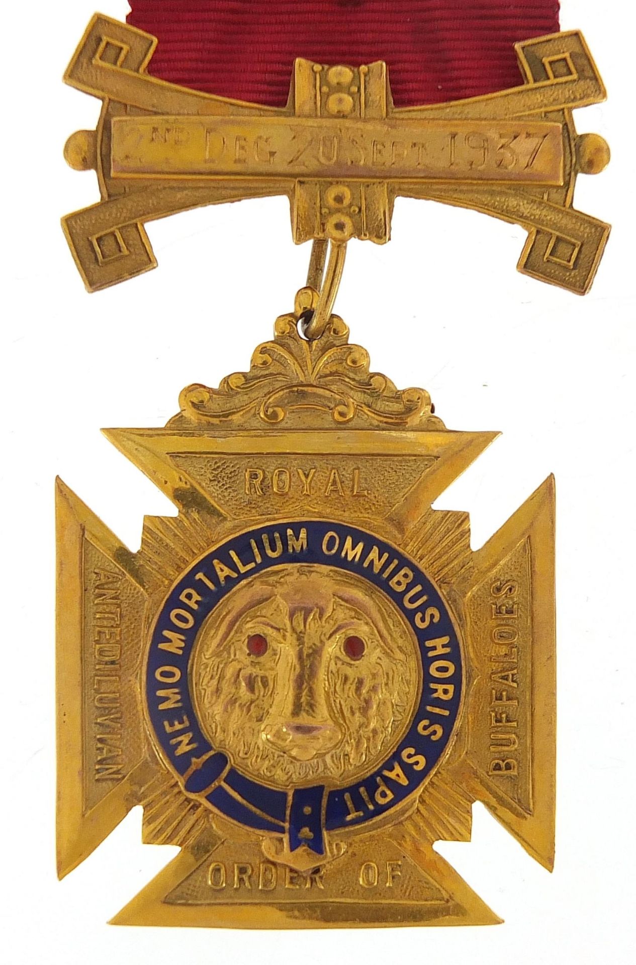 9ct gold and enamel RAOB medal with silk ribbon and bars, awarded to Bro Sidney Russell, C.P by