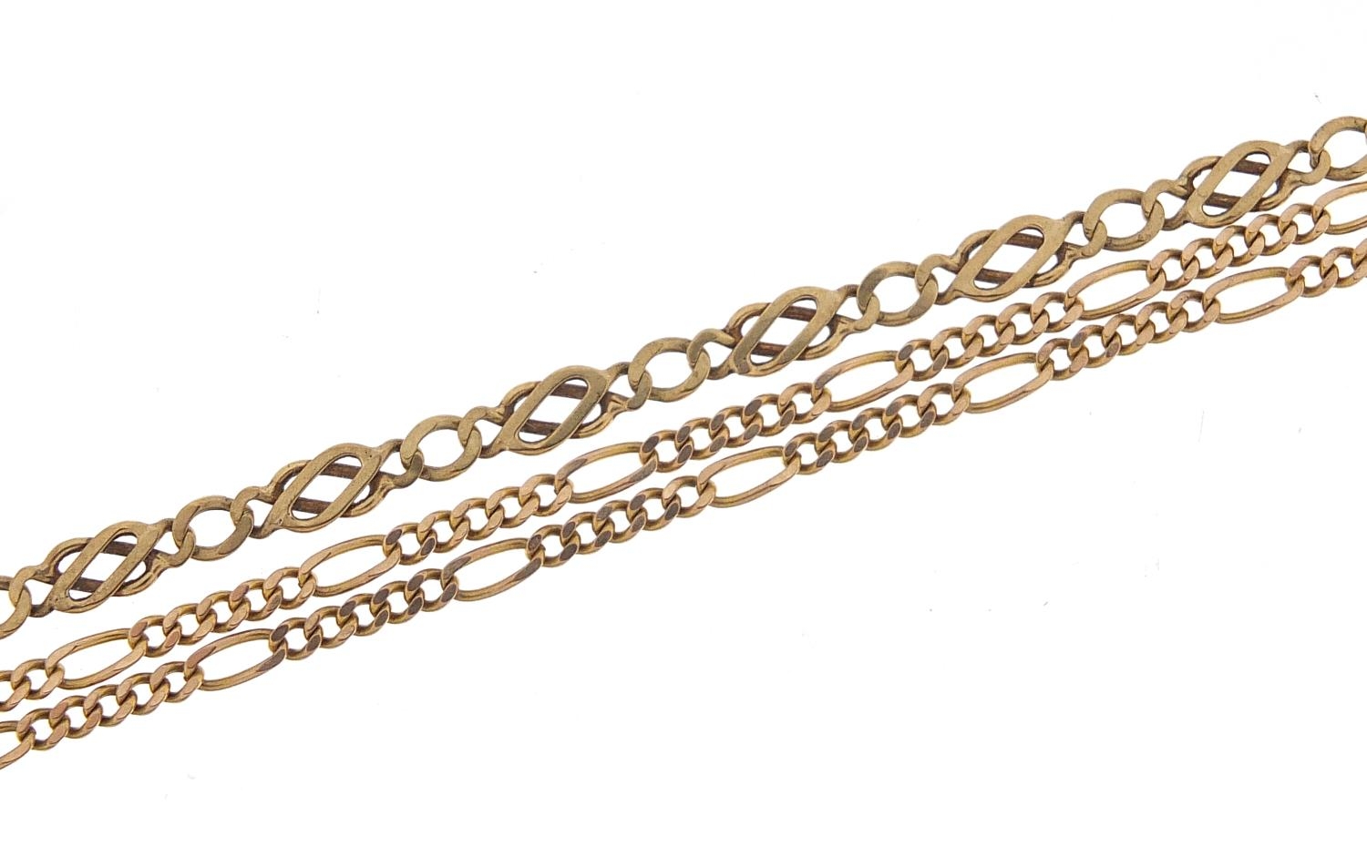 9ct gold Figaro link necklace and 9ct gold multi link bracelet, 48cm and 22cm in length, total 11.2g