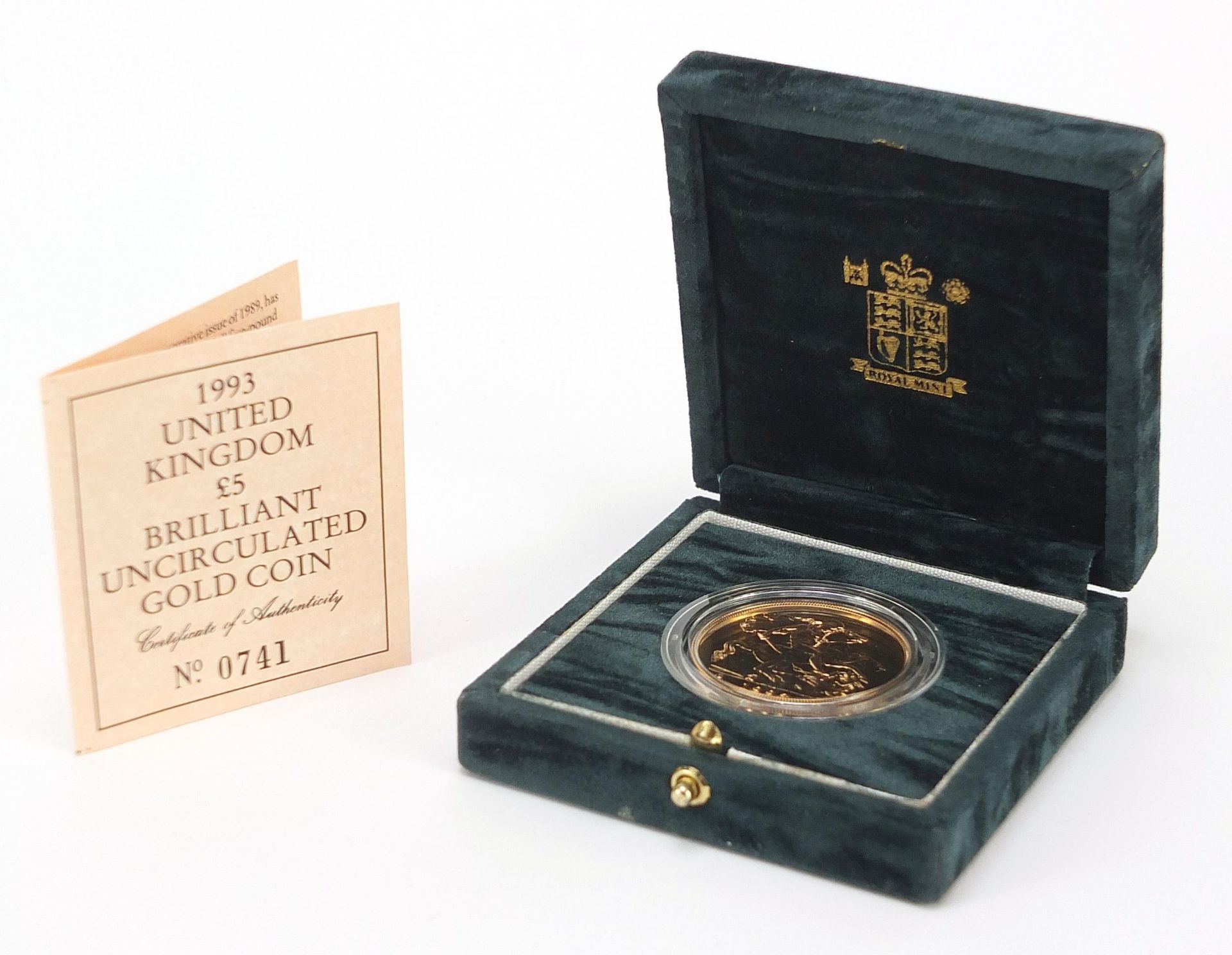 Elizabeth II 1993 uncirculated gold five pound coin with box and certificate numbered 741 - this lot - Image 3 of 6