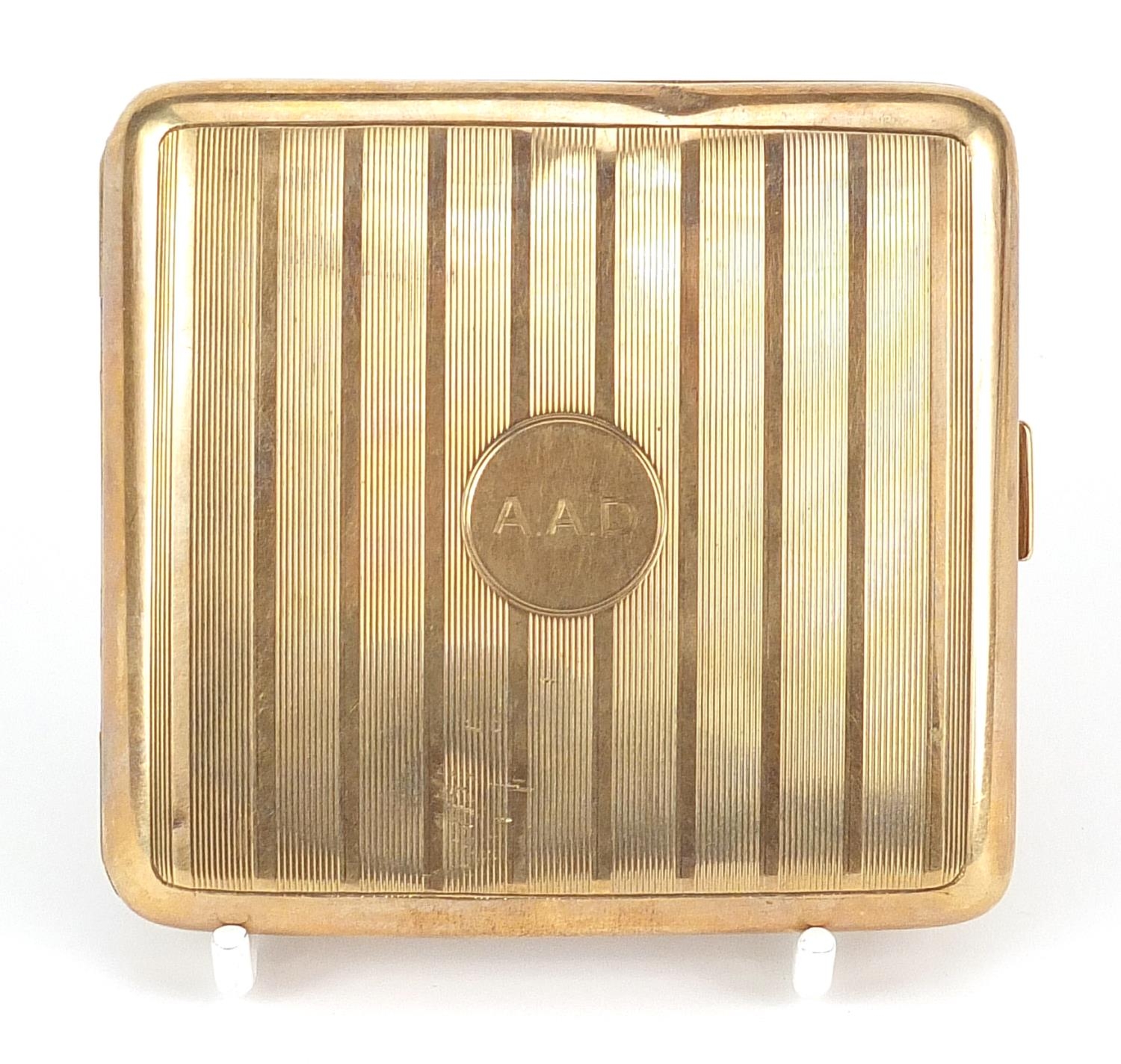 S J Rose & Son, 9ct gold cigarette case with engine turned decoration, London 1926, 8.5cm x 8cm,