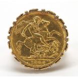 Edward VII gold sovereign with ornate 9ct gold ring mount, size R, 14.7g - this lot is sold