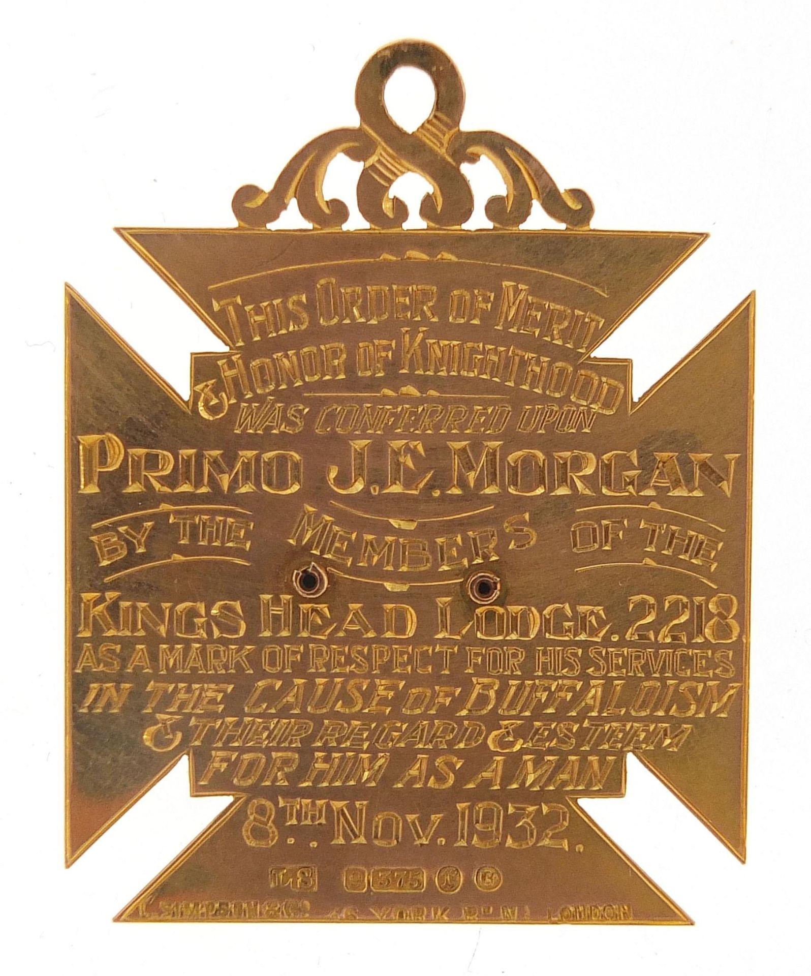 9ct gold and enamel RAOB medal awarded to Primo J.E. Morgan by The King's Head Lodge, 5cm high, 16. - Image 2 of 3
