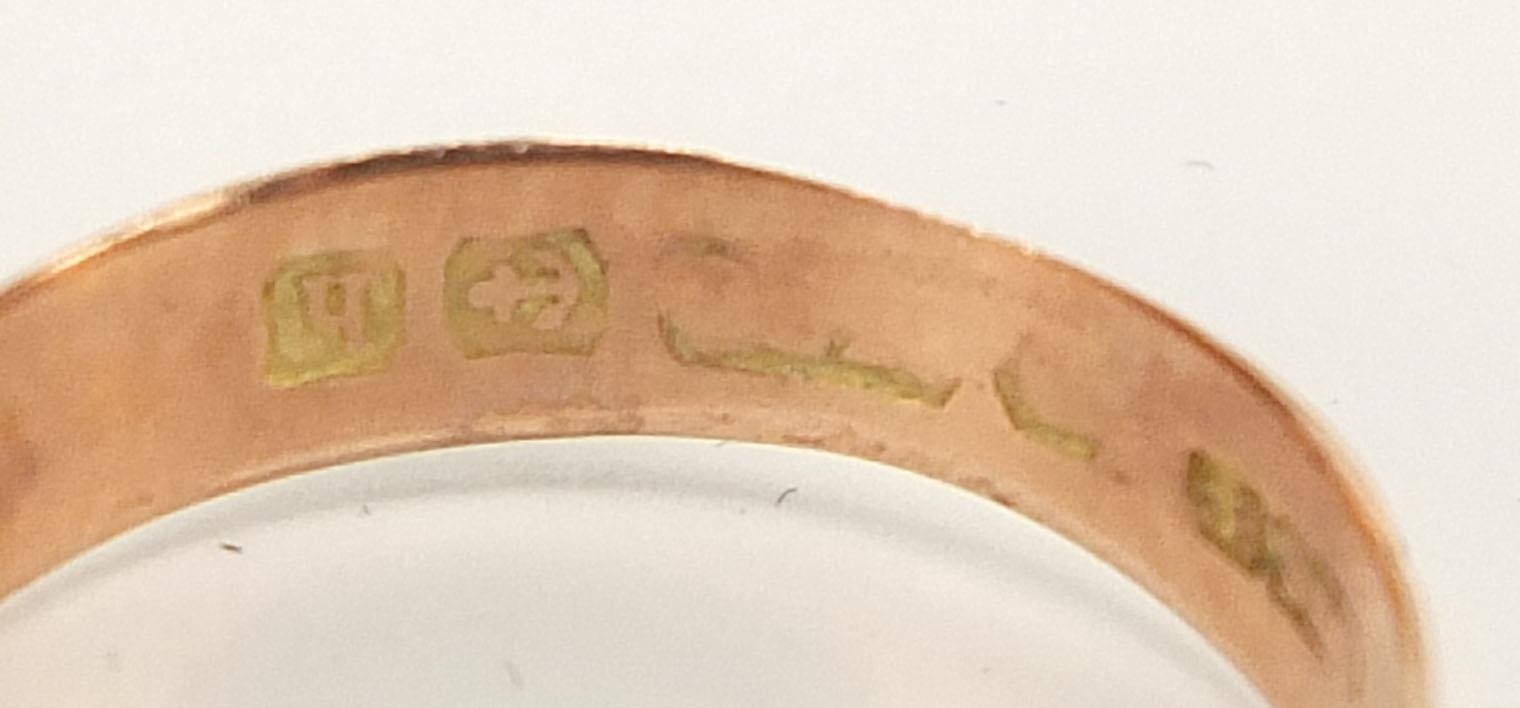 Three 9ct gold wedding bands including one with engraved decoration and one rose gold, sizes L, O - Image 9 of 9