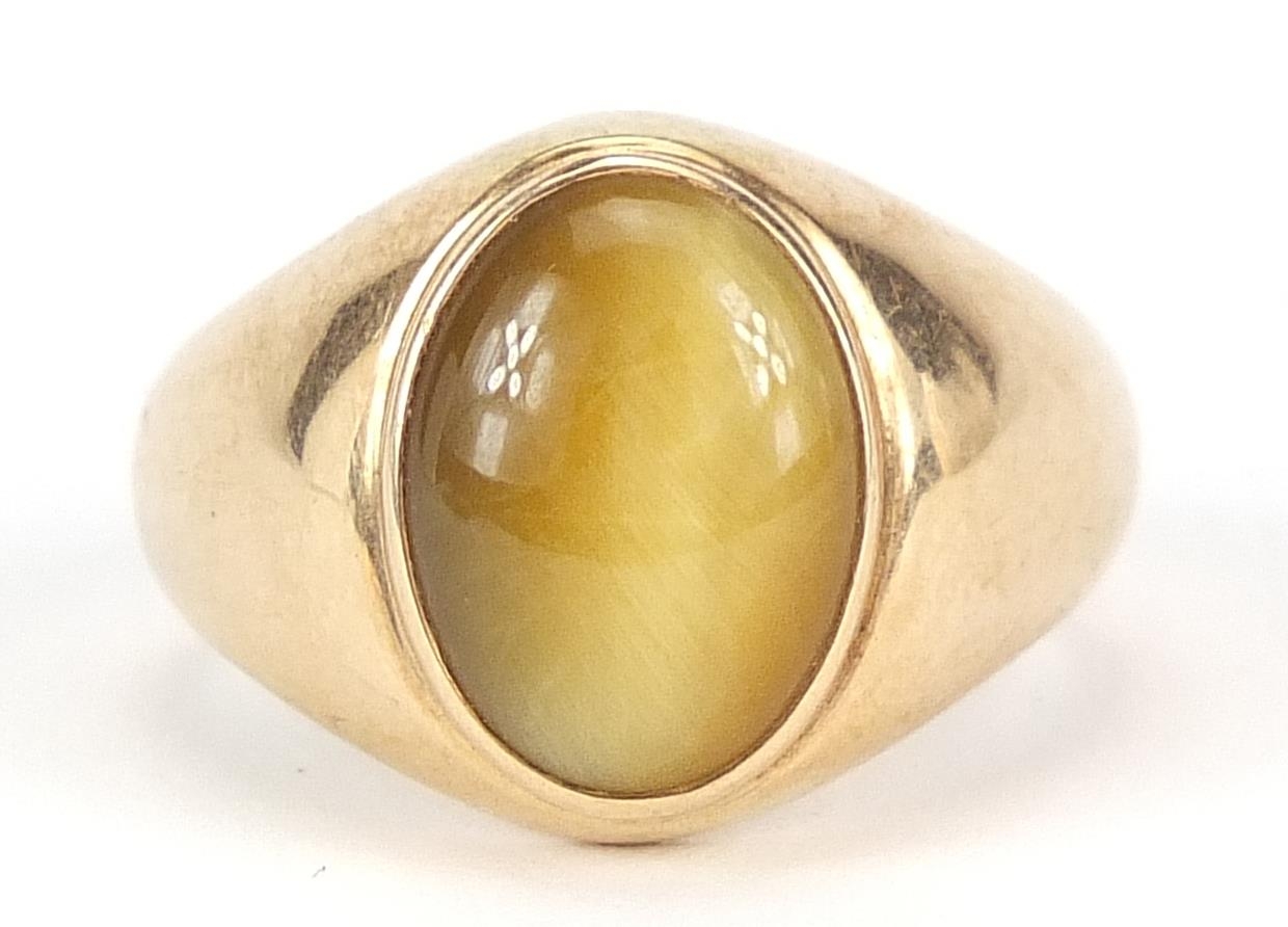 14ct gold cabochon tiger's eye ring, size S, 8.0g - this lot is sold without buyer's premium