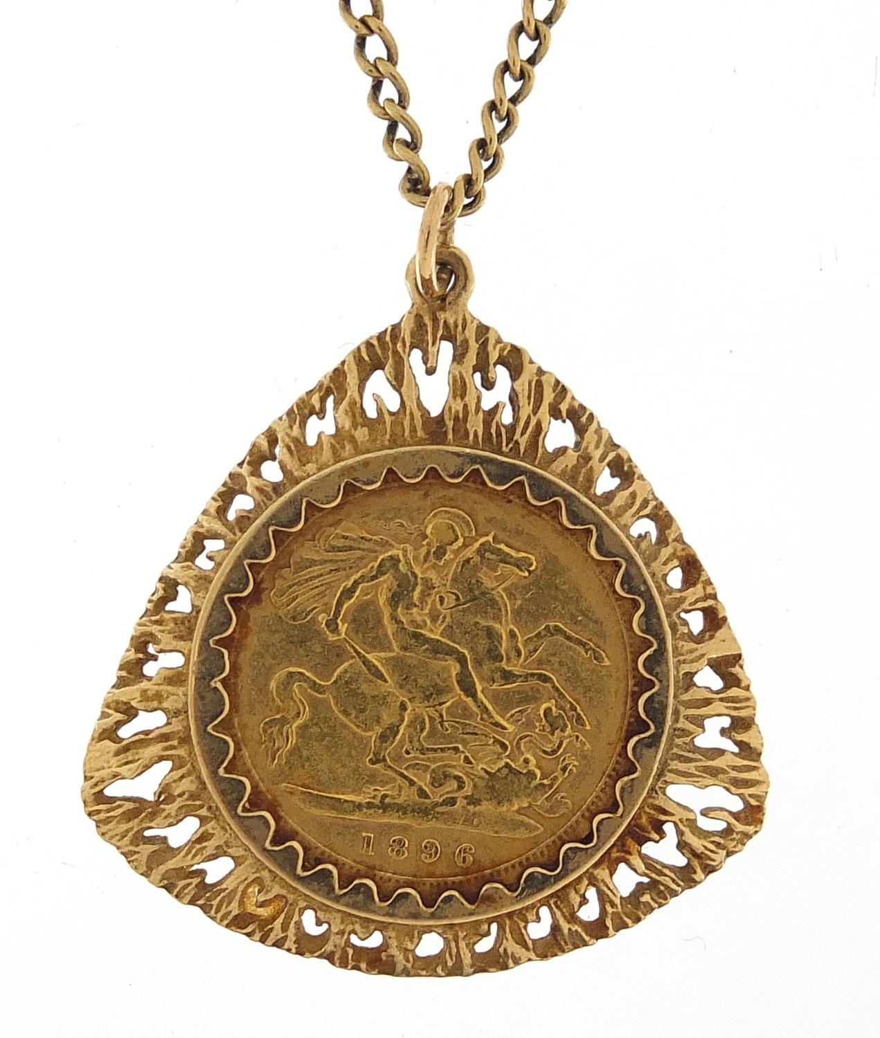 Victorian 1896 gold half sovereign with 9ct gold pendant mount and 9ct gold necklace, 3.5cm high and