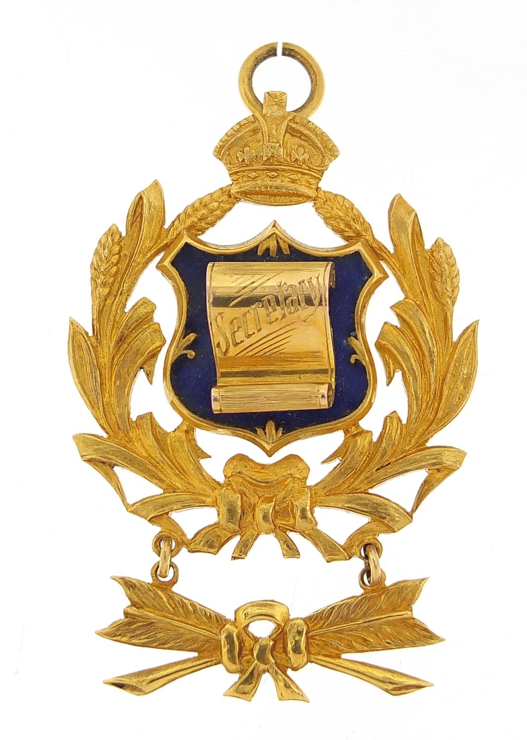 9ct gold and enamel Secretary jewel awarded to Primo J E Morgan by The Sir John Weekes Lodge, 5.