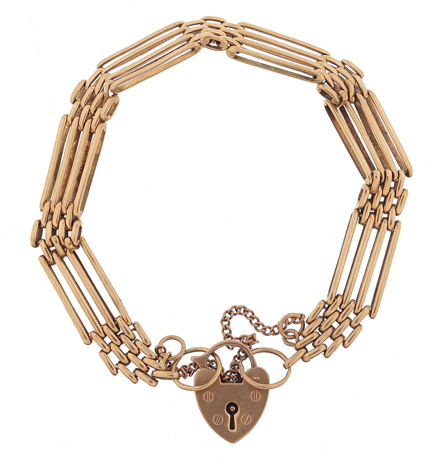 9ct rose gold four row gate link bracelet with love heart padlock, 16cm in length, 15.3g - this