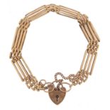 9ct rose gold four row gate link bracelet with love heart padlock, 16cm in length, 15.3g - this