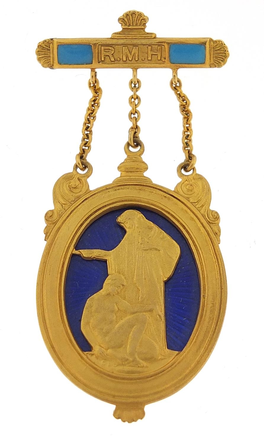 9ct gold and enamel religious RMH brooch housed in a Spencer & Co box, hallmarked Birmingham 1937,