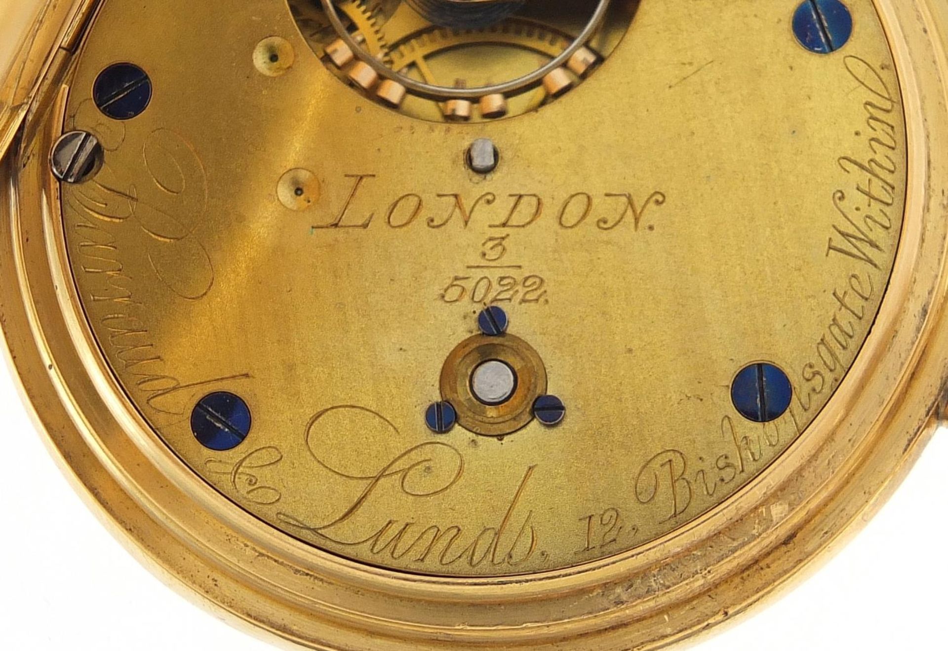 Barraud & Lunds, gentlemen's 18ct gold open face pocket watch, the movement numbered 3/5022, the - Image 3 of 6