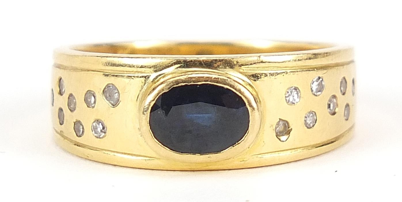 Unmarked gold sapphire and diamond ring, (tests as 15ct gold +) size S, 9.5g - this lot is sold