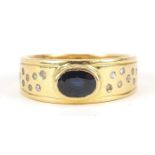 Unmarked gold sapphire and diamond ring, (tests as 15ct gold +) size S, 9.5g - this lot is sold