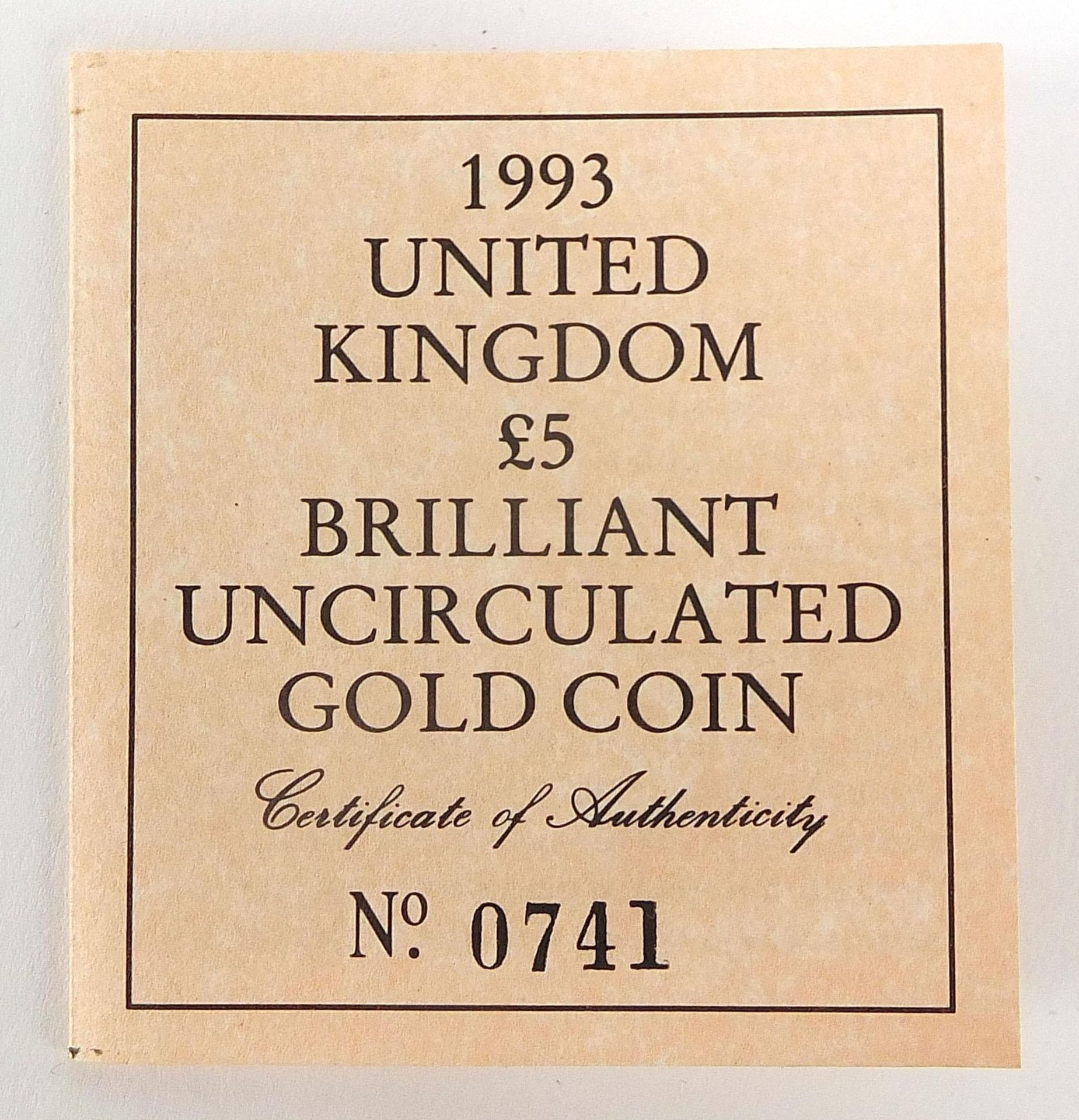 Elizabeth II 1993 uncirculated gold five pound coin with box and certificate numbered 741 - this lot - Image 4 of 6