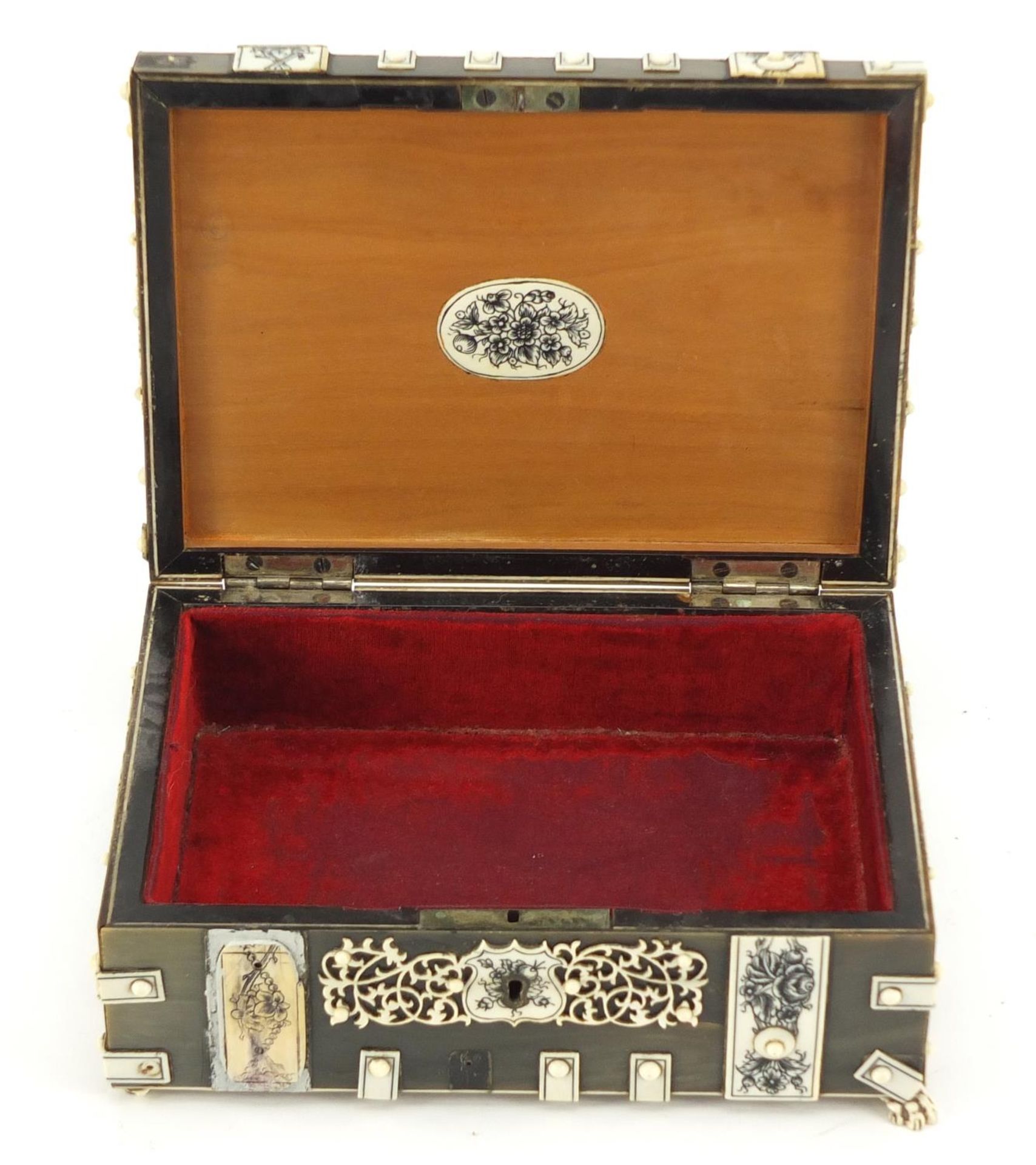 Anglo Indian horn, sandalwood and ivory dome topped casket on paw feet, the ivory penwork panels - Image 7 of 9