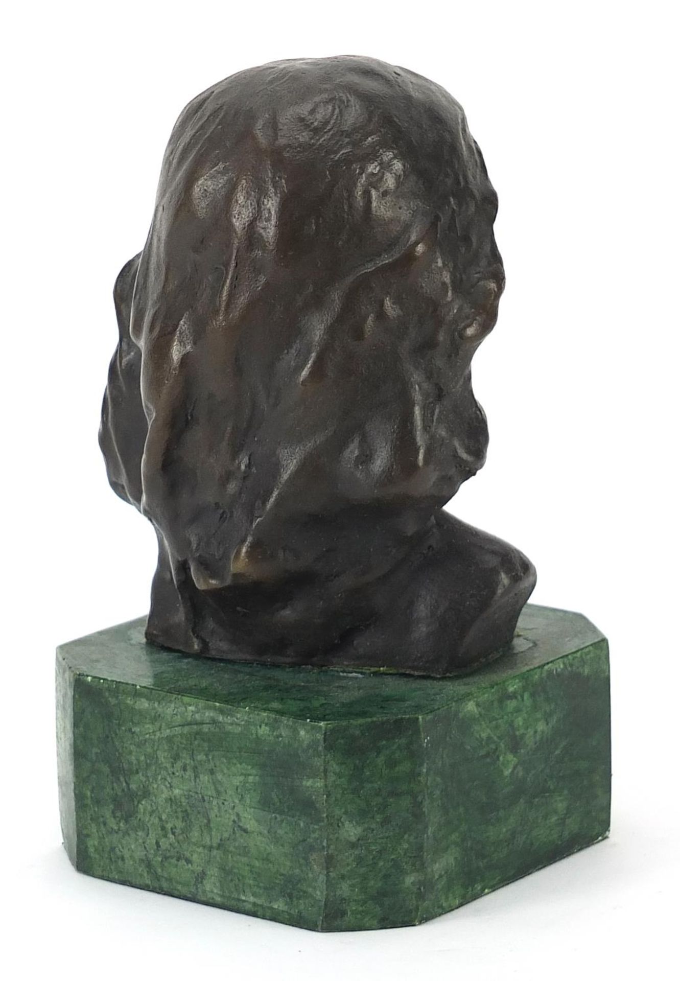 Patinated bronze head and shoulders bust of a young female raised on a green marbleised base, 15cm - Image 3 of 4