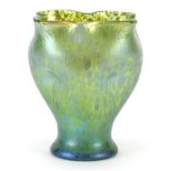 Attributed to Loetz, Art Nouveau iridescent green glass vase with frilled rim, 16cm high