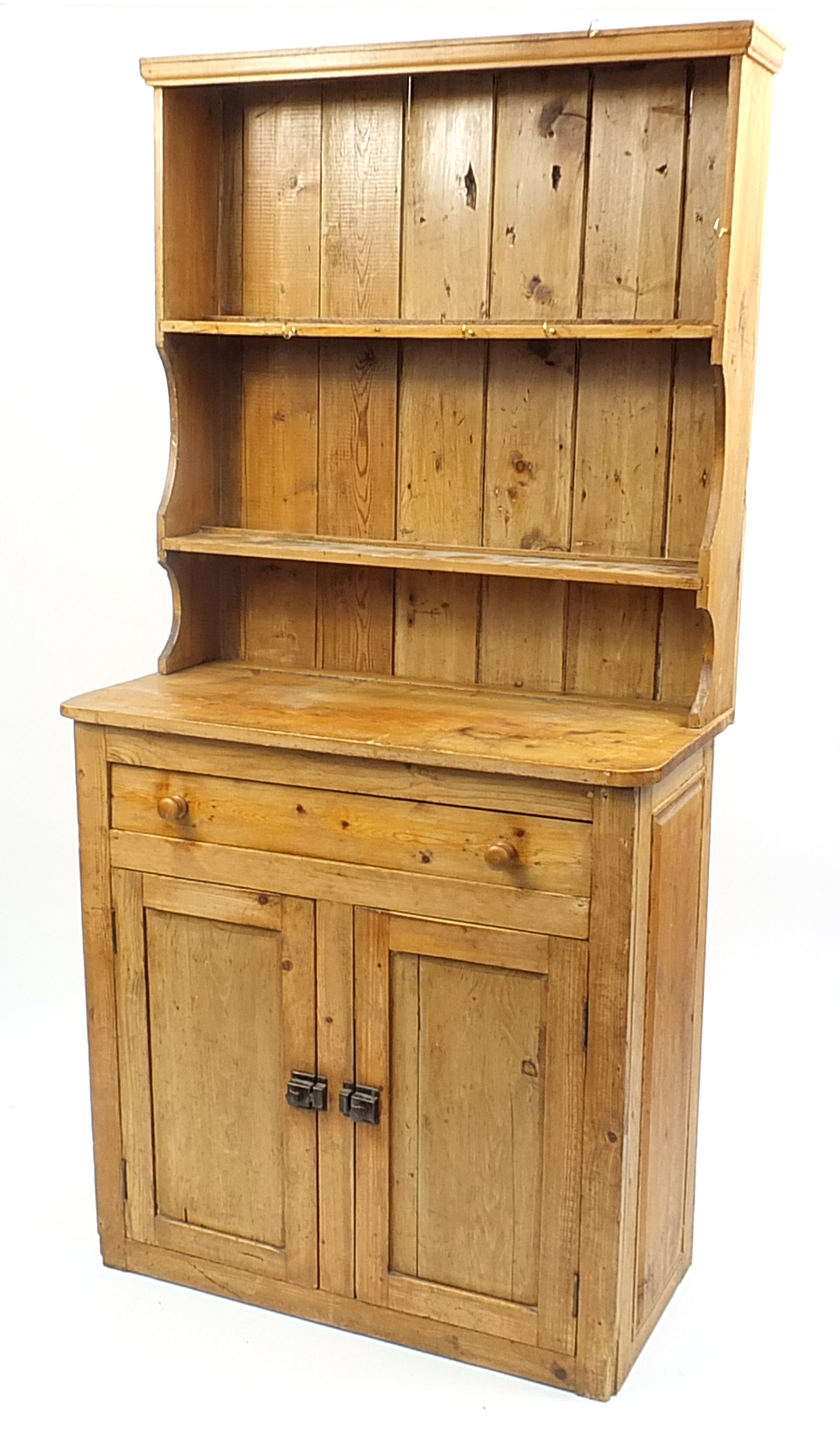 Pine dresser with open plate rack above a drawer and cupboard base, 182cm H x 90cm W x 44cm D