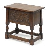 Carved oak work table with hinged lid, 50cm H x 51cm W x 31cm D
