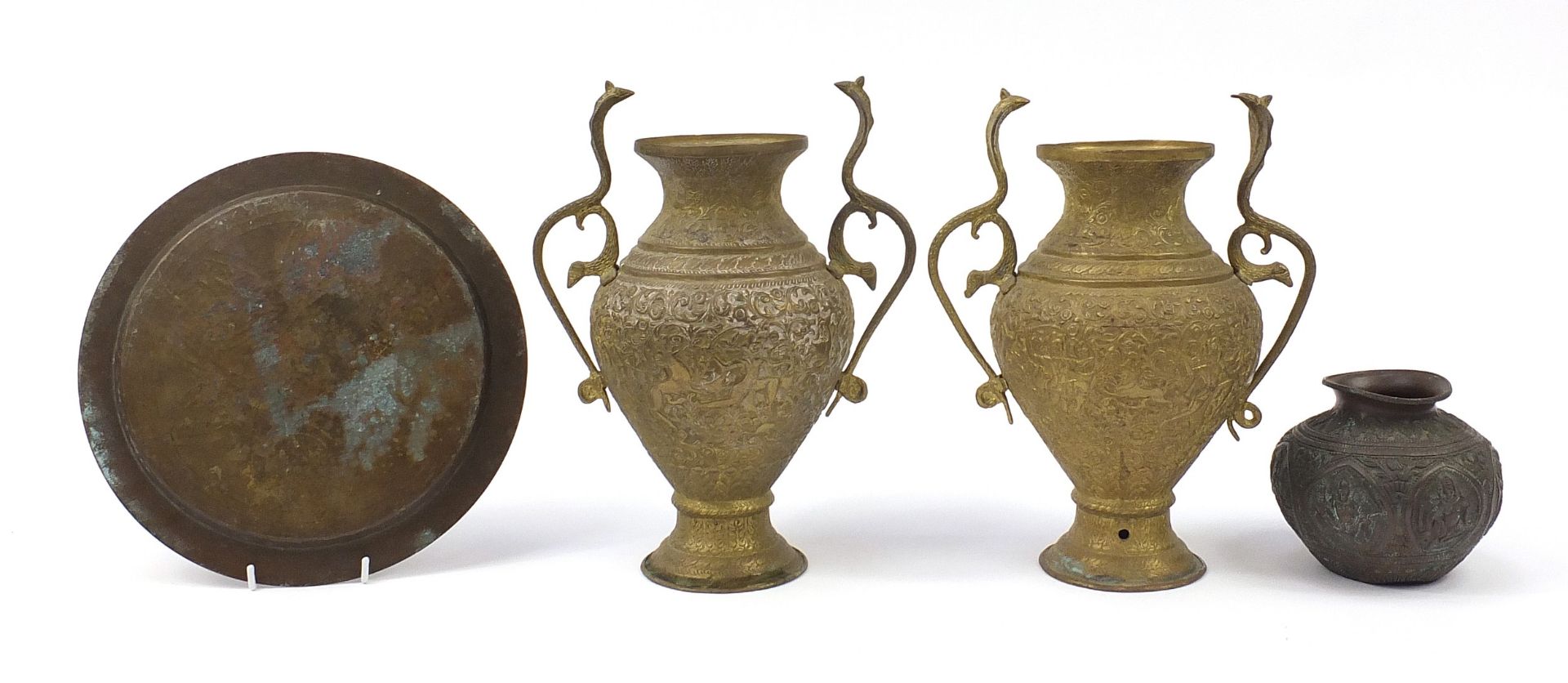 Indian and Middle Eastern metalware including a pair of vases with serpent handles decorated with - Image 6 of 7