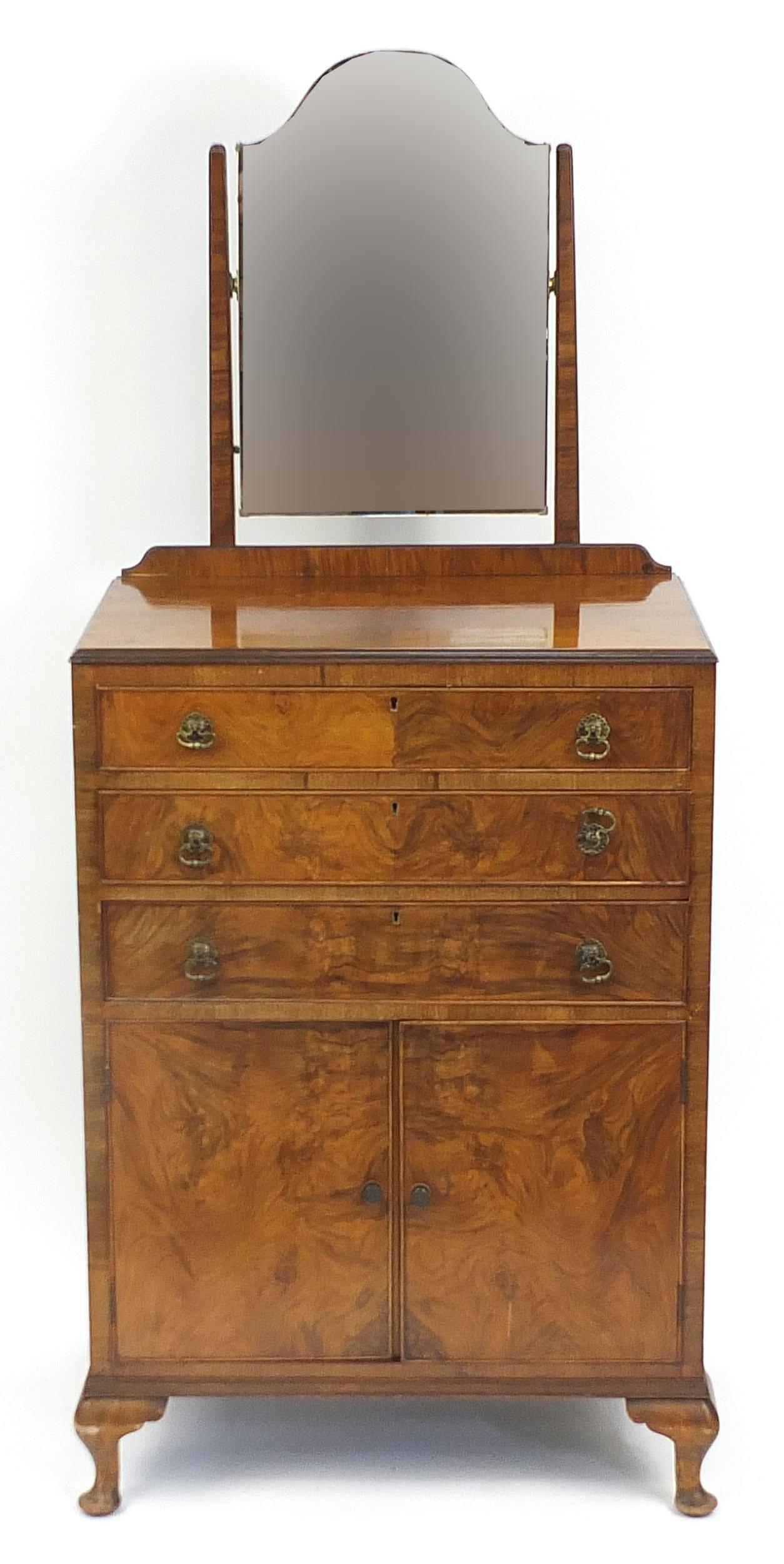 1930's walnut dressing chest with mirror above three drawers and cupboard base, 175cm H x 75cm W x - Image 2 of 4