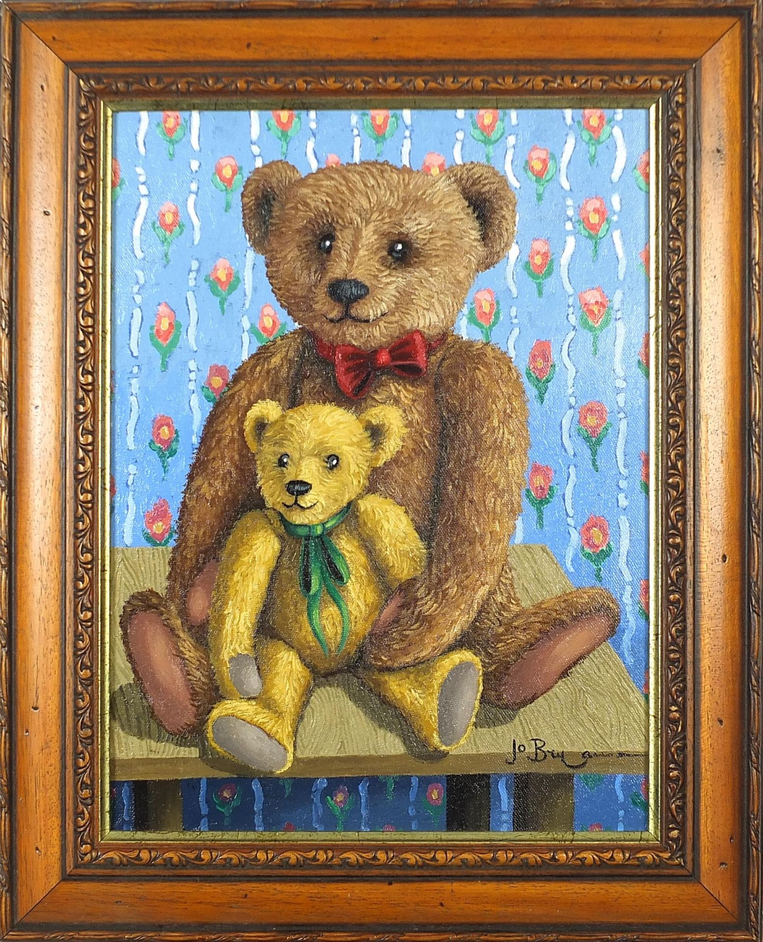 Jo Bryan - Best of Friends, teddy bear, oil on canvas, mounted and framed, 39cm x 29cm excluding the - Image 2 of 5