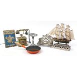 Sundry items including a wooden model of HMS Victory, vintage coin sorter, Michelin advertising
