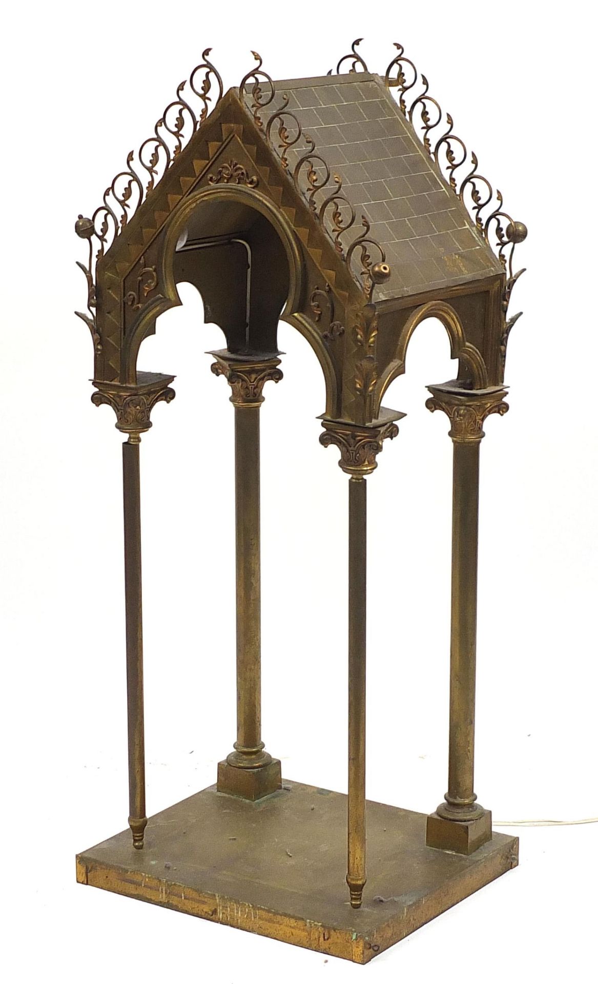 French 19th century brass Gothic design shrine, 124cm H x 48cm W x 38cm D