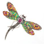 Silver plique a jour enamel, marcasite and ruby dragonfly brooch pendant, 5.6cm wide, 9.0g