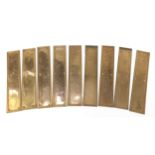 Hopes, nine early 20th century heavy brass finger plates, model 894, 38.8cm x 8.2cm