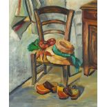 Interior scene with chair and clogs, continental oil on canvas, mounted and framed, 53cm x 43cm