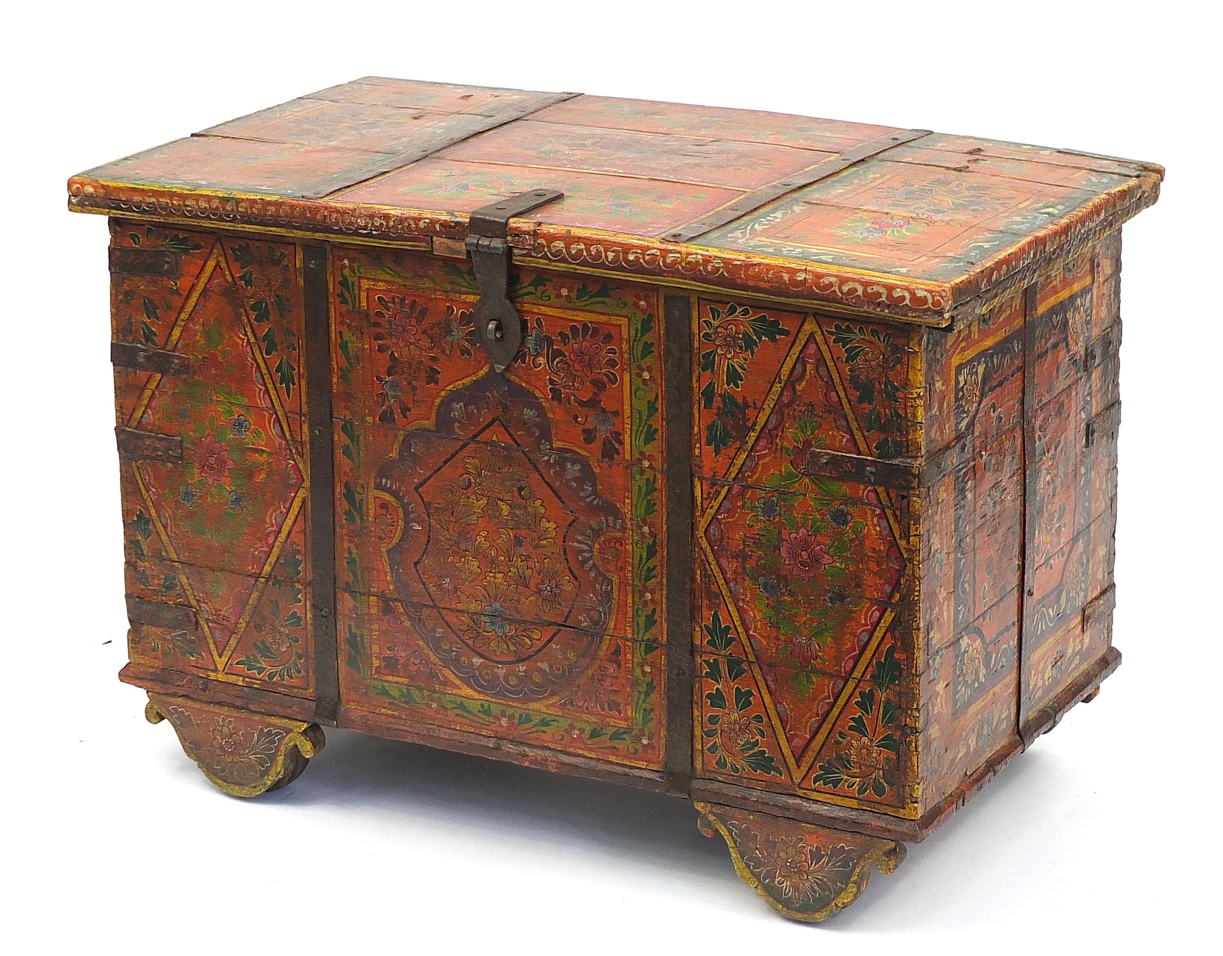 Indian metal bound chest hand painted with flowers, 66cm H x 96cm W x 54cm D