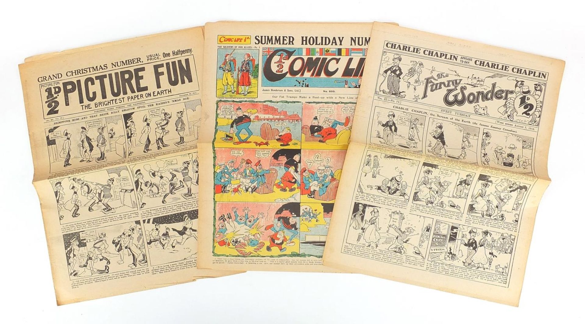 Three World War I period newspapers comprising Comic Life, Charlie Chaplin and Picture Fun