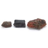 Three pieces of fossilised woods including North America Pet Red Lava