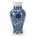 Chinese blue and white porcelain baluster vase hand painted with flower heads and foliage, blue ring