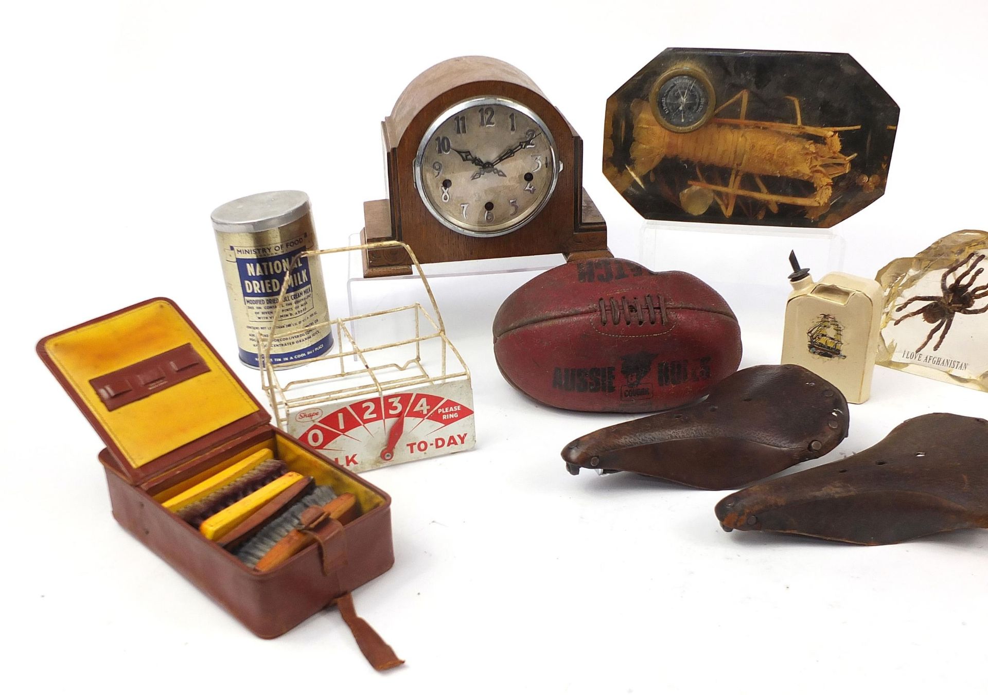 Sundry items including oak cased mantle clock with Westminster chime, vintage milk bottle stand, two - Image 2 of 4